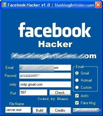 Facebook hacker v0 1 0' - Image of software interface for Facebook hacker